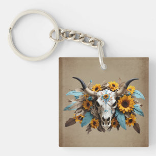 Boho Chic Watercolor Sonnenblumen Feder Kuh Skull Schlüsselanhänger