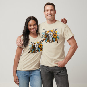 Boho Chic Watercolor Sonnenblumen Feder Kuh Skull T-Shirt