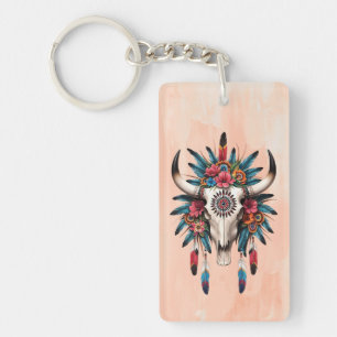 Boho Chic Watercolor Tribal Floral Cow Skull Schlüsselanhänger