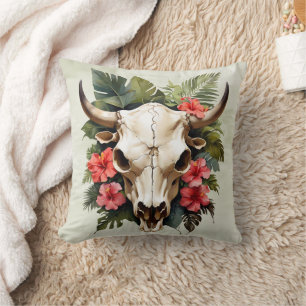 Boho Chic Watercolor Tropischer Kuhschädel Kissen