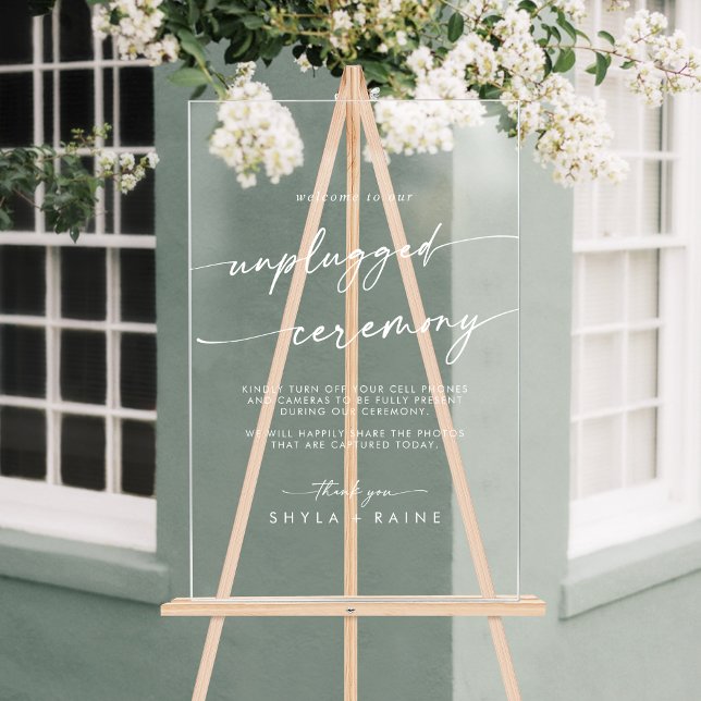 Boho Chic White Clear Wedding Unplugged Zeremonie Acrylschild (Boho Chic White Clear Wedding Unplugged Ceremony Acrylic Sign)