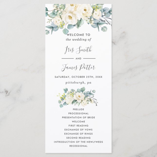 Boho Chic White Floral Eukalyptus Wedding Program Programm (Vorderseite)