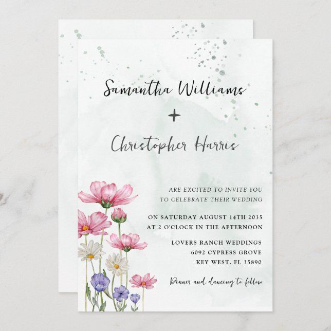 Boho Chic Wild Blume Watercolor Wedding Einladung (Vorne/Hinten)