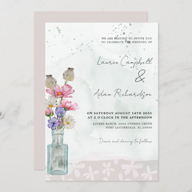 Boho Chic Wild Blume Watercolor Wedding Einladung (Vorne/Hinten)