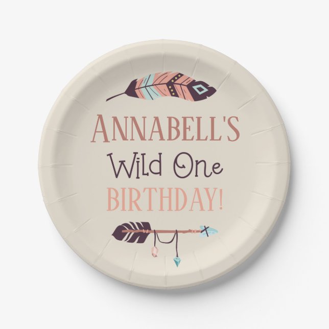 Boho Chic Wild ONE Girly Birthday Party Pappteller (Vorderseite)