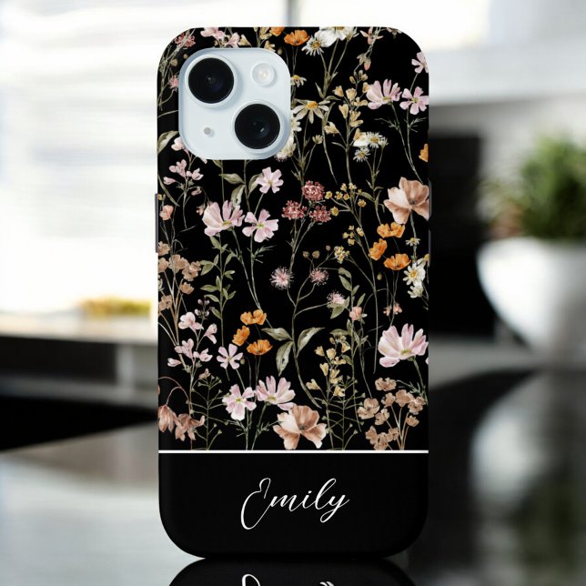 Boho Chic Wildblume Black Floral Elegante Case-Mate iPhone Hülle (Von Creator hochgeladen)