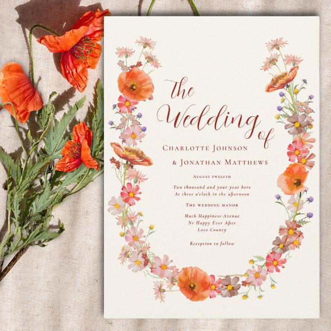 Boho Chic Wildblume Hochzeit im Herbst Einladung (Boho wildflower elegant script wedding  invitation with orange watercolor floral)