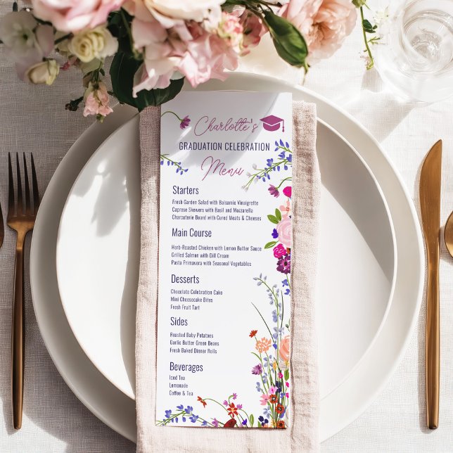 Boho Chic Wildblumen Graduation Party Menükarte (Boho Chic Wildflowers Graduation Party Menu)