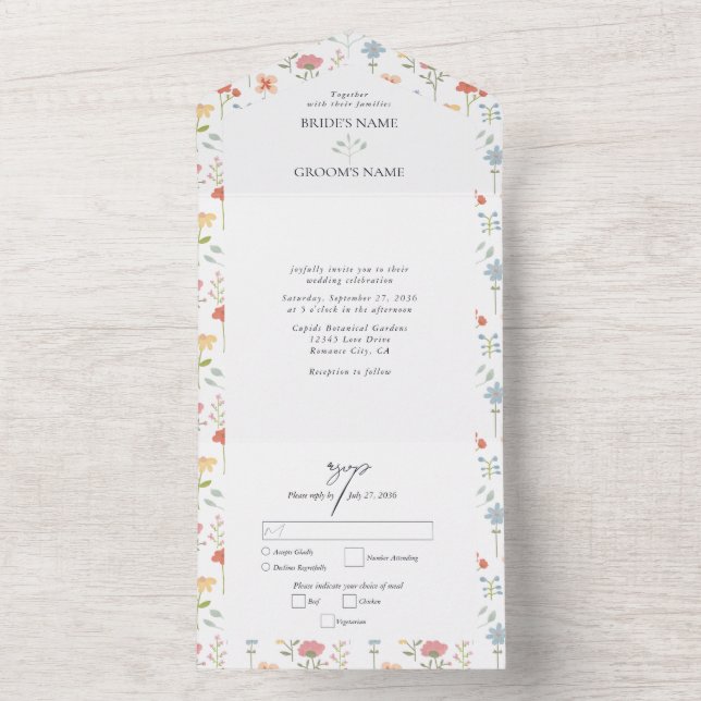 Boho Chic Wildblumen Moderne Blumenhochzeit All In One Einladung (Innen)
