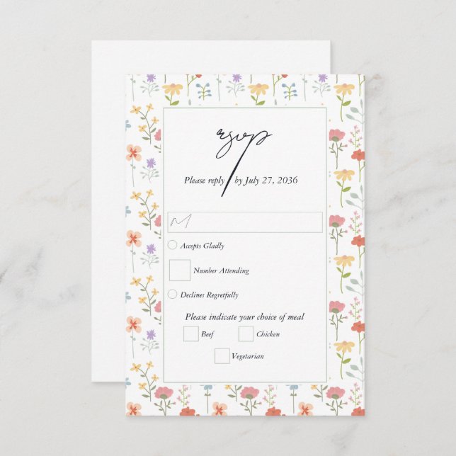 Boho Chic Wildblumen Moderne Blumenhochzeit RSVP Karte (Vorne/Hinten)