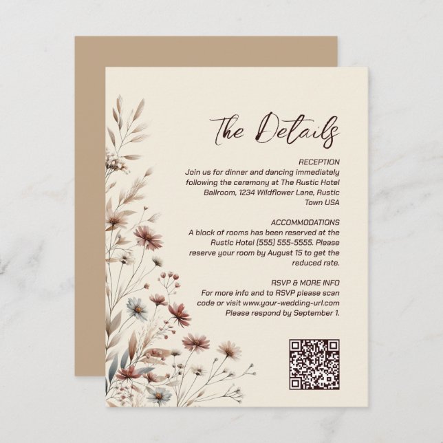 Boho Chic Wildblumen QR Code Hochzeitdetails Begleitkarte (Vorne/Hinten)