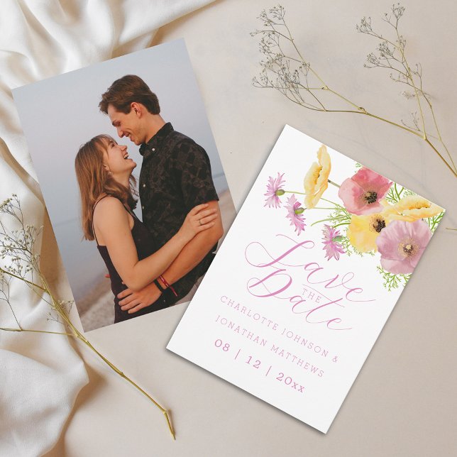 Boho Chic Wildblumen Rosa Blumen Foto Hochzeit Save The Date (Elegant watercolor wildflower bouquet pink yellow floral wedding save the date invitation)