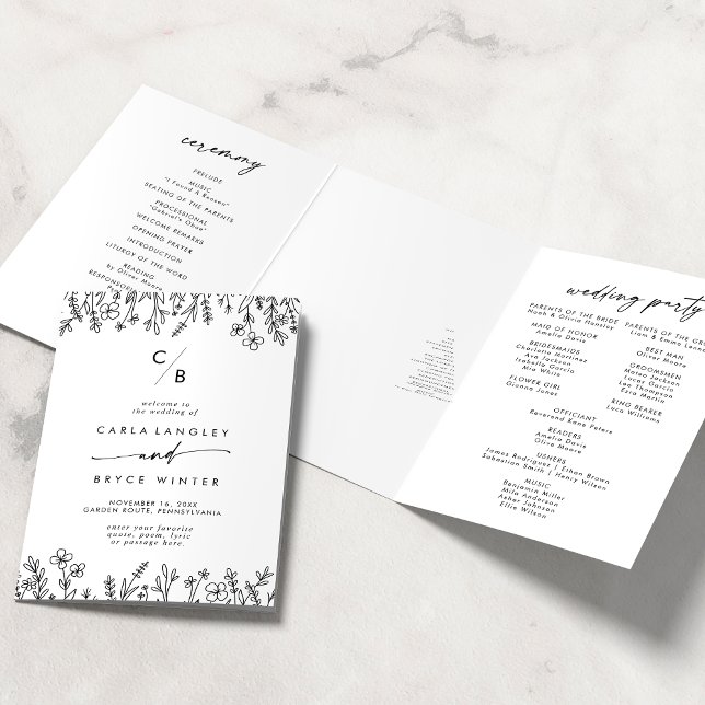 Boho-Chic-Wildflower-Monogramm-Hochzeit Dreifach-gefaltete Programmkarte (Von Creator hochgeladen)