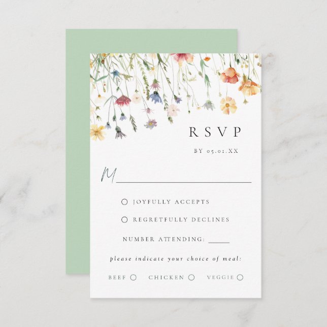 Boho Chic Wildflower Wedding Meal Choice RSVP Card (Vorne/Hinten)