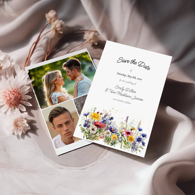 Boho Chic Wildflowers Modern 3 Photo Save The Date (Von Creator hochgeladen)