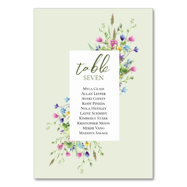Boho-chic-Wildflowers-Script-Hochzeitssitzplan Tischnummer (Vorderseite)