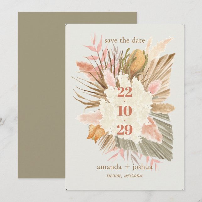 Boho Chic Wüste getrocknete Blätter und Pampas Hoc Save The Date (Vorne/Hinten)