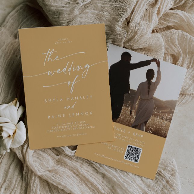 Boho Chic Yellow Marigold Foto QR Code Wedding Einladung (Boho Chic Yellow Marigold Photo QR Code Wedding Invitation)