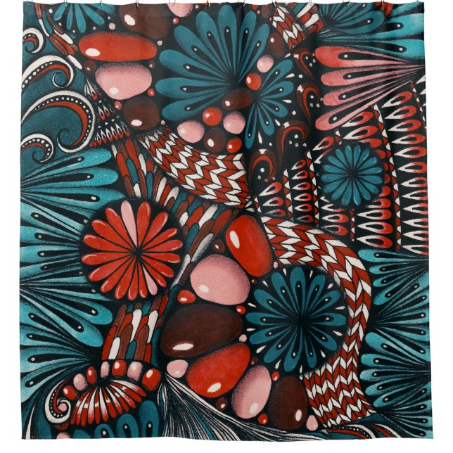 Boho Chic Zentangle Botanischer Duschvorhang - Vib (Vorderseite)