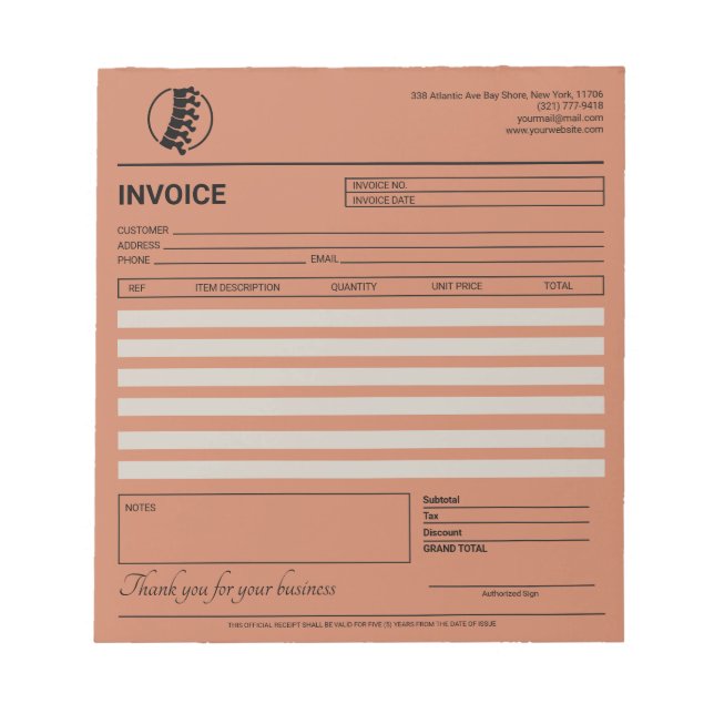 Boho Chiropraktiker Rechnung / Quittung  Notizblock (Vorderseite)