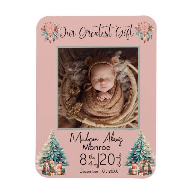 Boho Christmas Baby Stats Geburtsankündigung Magnet (Vertikal)