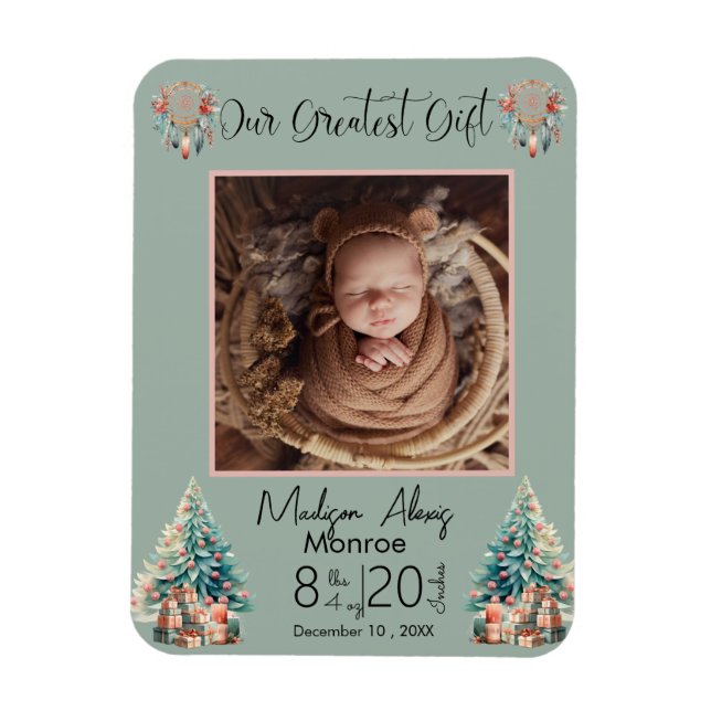 Boho Christmas Baby Stats Geburtsankündigung Magnet (Vertikal)