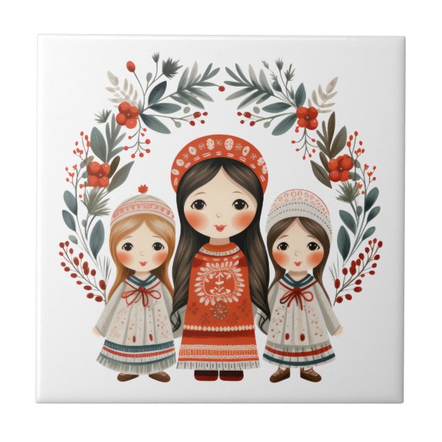 Boho Christmas Girls Skandinavier Folklore Art Fliese (Vorderseite)