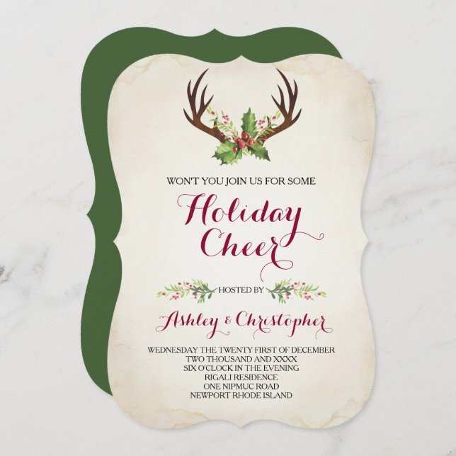 Boho Christmas Invite ~ Rustic Deer Antler Einladung (Vorne/Hinten)