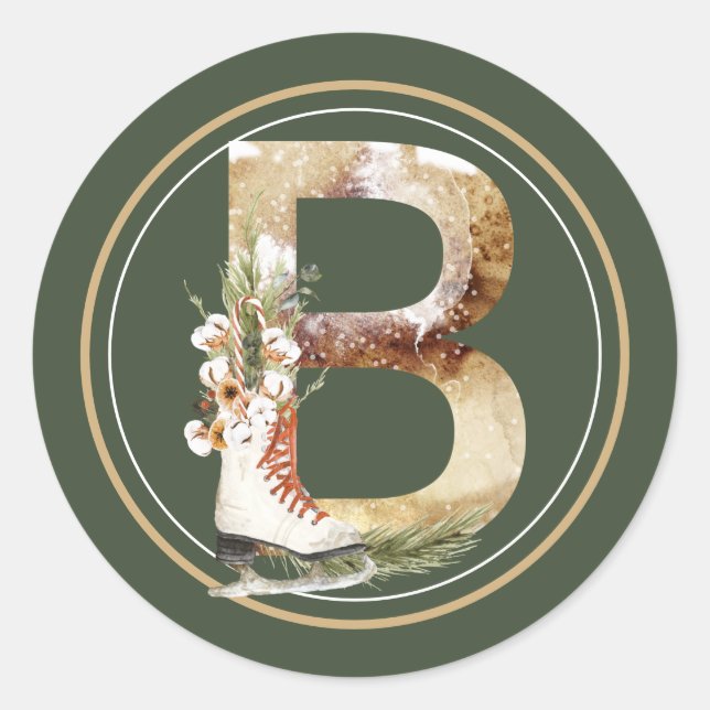 Boho Christmas Monogram B mit Ice-Skaten Runder Aufkleber (Vorderseite)