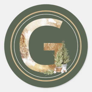 Boho Christmas Monogram G mit Pine Trees Runder Aufkleber