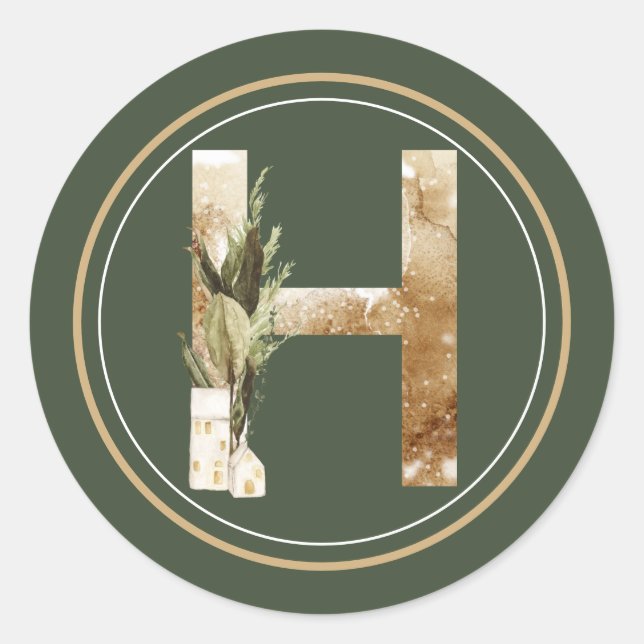 Boho Christmas Monogram H mit Grüntönen Runder Aufkleber (Vorderseite)