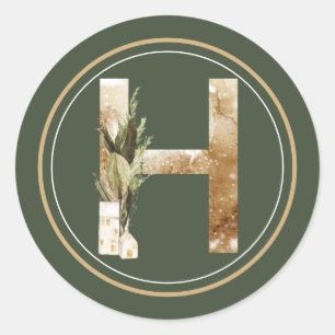 Boho Christmas Monogram H mit Grüntönen Runder Aufkleber