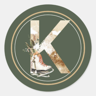 Boho Christmas Monogram K mit Ice-Skaten Runder Aufkleber