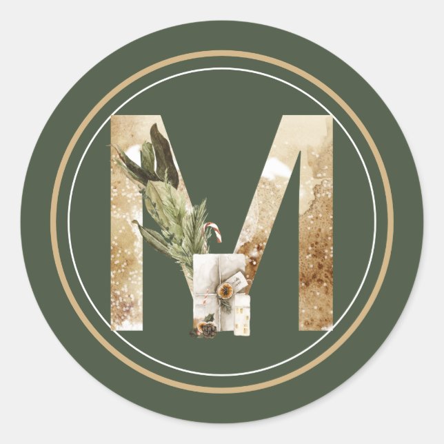 Boho Christmas Monogram M mit Paket und Grüntönen Runder Aufkleber (Vorderseite)