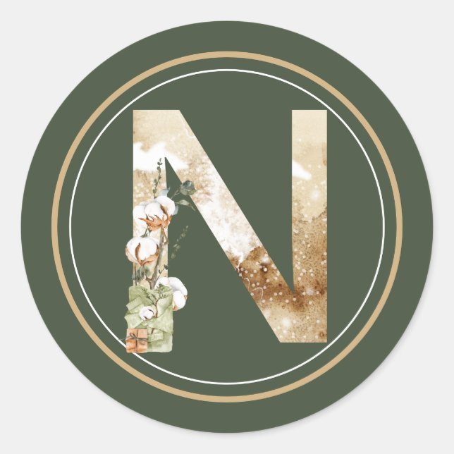 Boho Christmas Monogram N mit Arrangement Runder Aufkleber (Vorderseite)