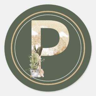 Boho Christmas Monogram P mit Grün Runder Aufkleber