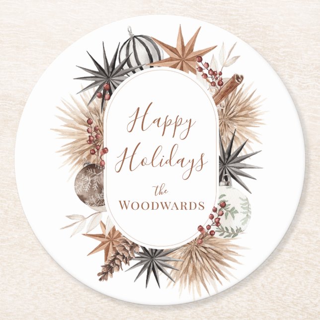 Boho Christmas Personalisiert Runder Pappuntersetzer (Vorderseite)