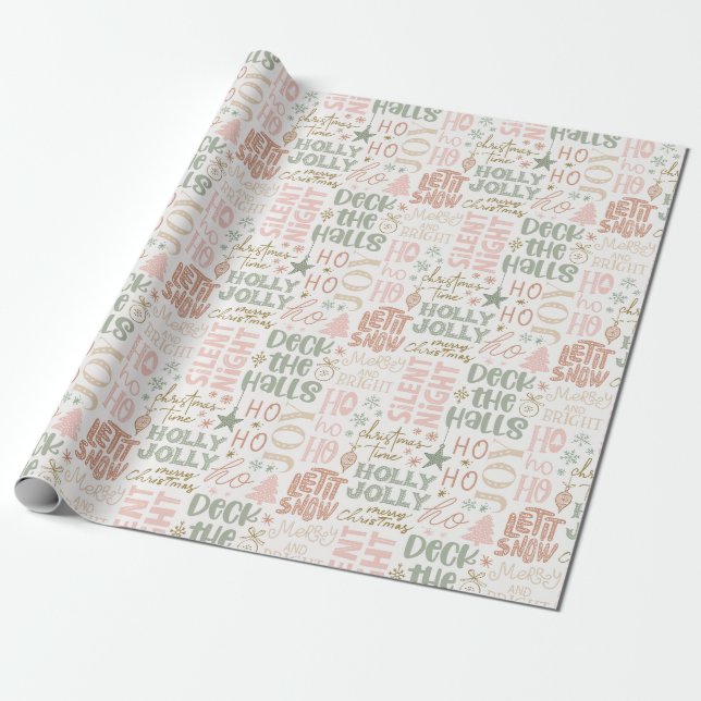 Boho Christmas Redewendungen Green Pink Terracotta Geschenkpapier (Ungerollt)