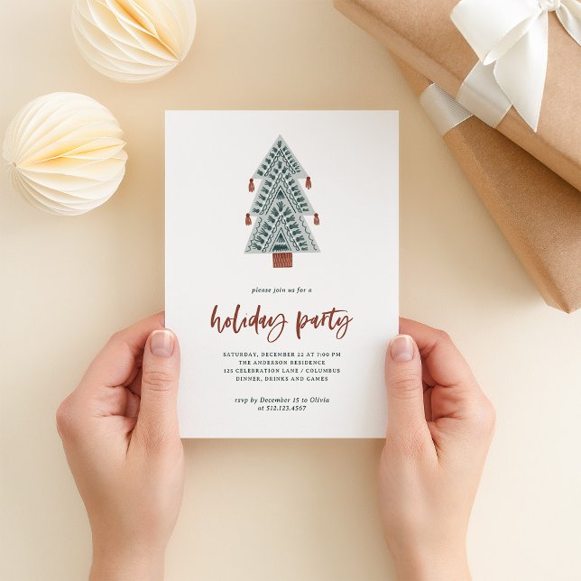 Boho Christmas Tree | Feiertag Einladung (A fun and trendy holiday party invitation with a boho Christmas tree and casual terracotta script)