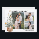 Boho Christmas Tree Newlywed 3 Foto Holiday Card<br><div class="desc">Teilen Sie Ihre Lieblingsfotos mit dieser Verheirateten und frohen Weihnachtskarte. Es bietet eine klassische 3-Foto Collage,  die sehr einfach zu anpassen ist. Fröhlich und Verheiratet ist ganz oben in einem beliebten und trendigen Schriftart geschrieben. Ein Boho-Weihnachtsbaum in einem Seilkorb und weiß-goldfarbenen Ornamenten Set die Stimmung.</div>