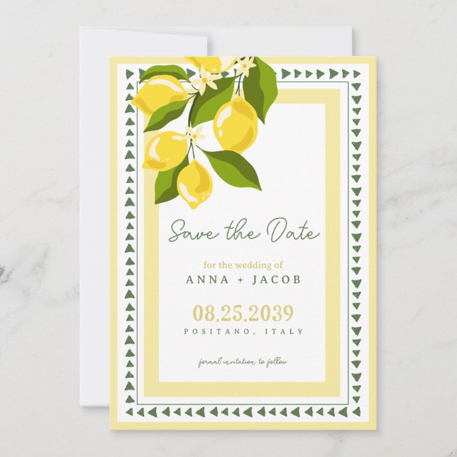 Boho Citrus Gelbe Zitrone Italienische Hochzeit Save The Date (Vorderseite)