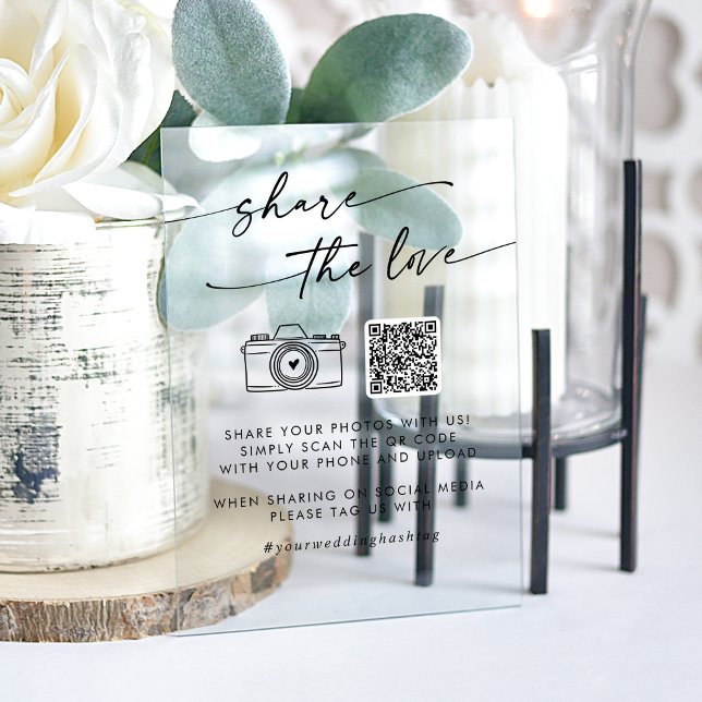 Boho Clear Acrylic Wedding Share the Liebe QR Code Acrylschild (Boho Clear Acrylic Wedding Share the Love QR Code Acrylic Sign)