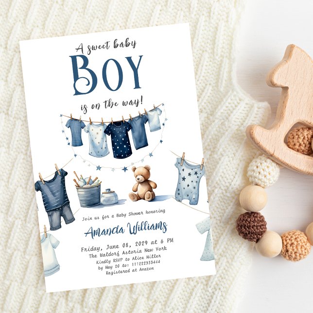 Boho Clothesline Blue Sweet Boy Baby Dusche Einladung (Von Creator hochgeladen)