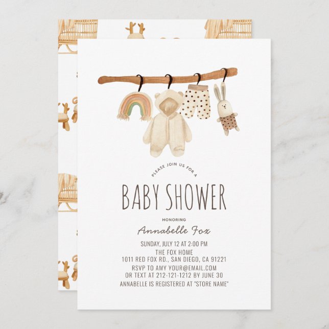 Boho Clothesline Gender Neutral Baby Shower Einladung (Vorne/Hinten)