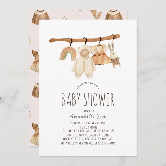 Boho Clothesline Girl Baby Shower Einladung (Vorne/Hinten)