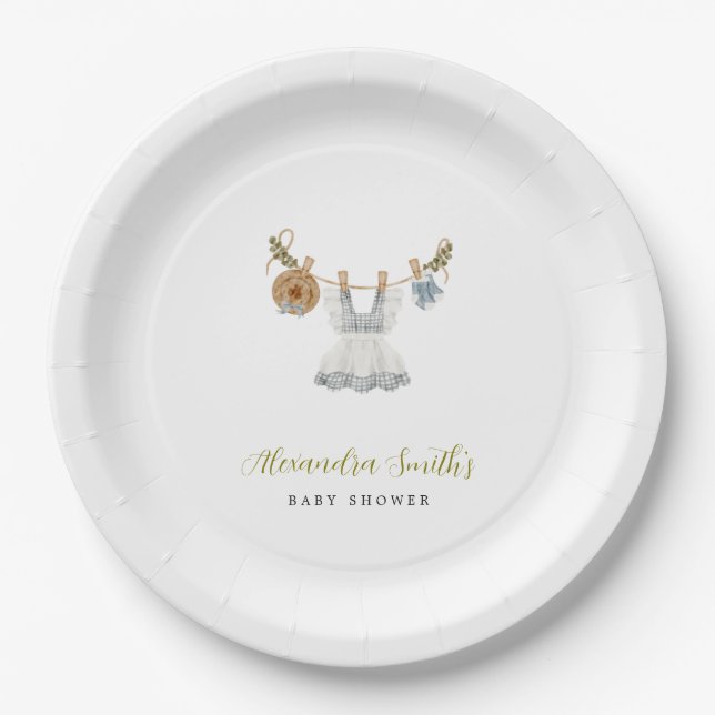 Boho Clothesline Girl blau-weiß Aquarell Pappteller (Vorderseite)