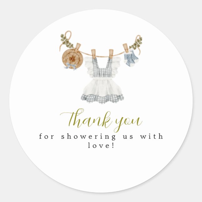 Boho Clothesline Girl blau-weiß Aquarell Runder Aufkleber (Vorderseite)