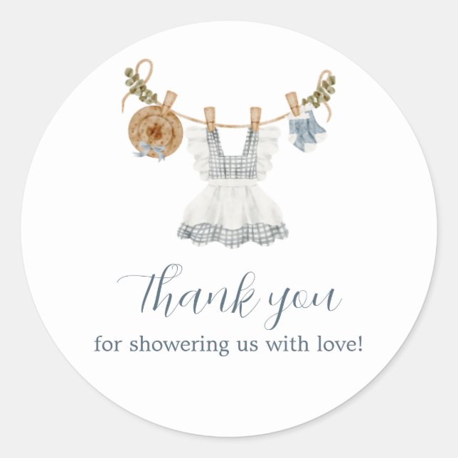 Boho Clothesline Girl blau-weiß Aquarell Runder Aufkleber (Vorderseite)