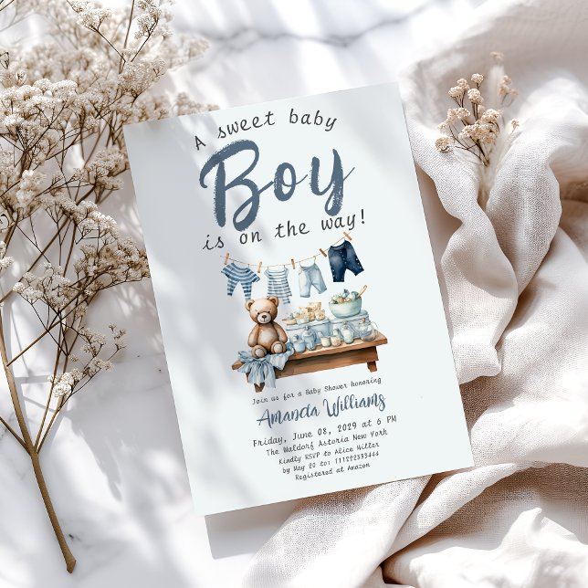Boho Clothesline Sweet Blue Boy Baby Dusche Einladung (Von Creator hochgeladen)