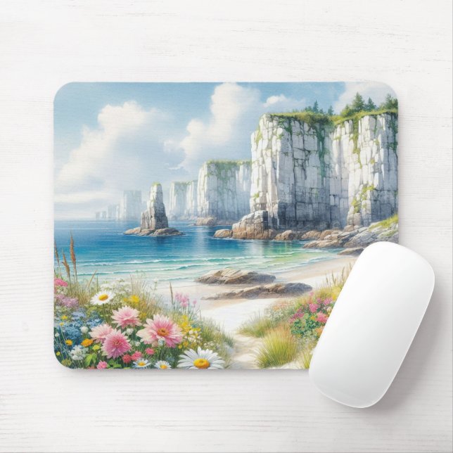 Boho Coastal Cliffs Wildflower Beach Art Mousepad (Mit Mouse)